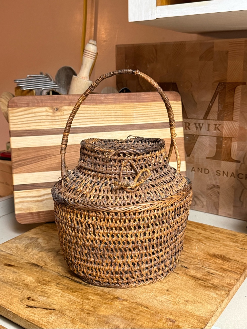 Primitive Hand-Woven Tan-Brown Storage Basket with Handle - Home Accents
